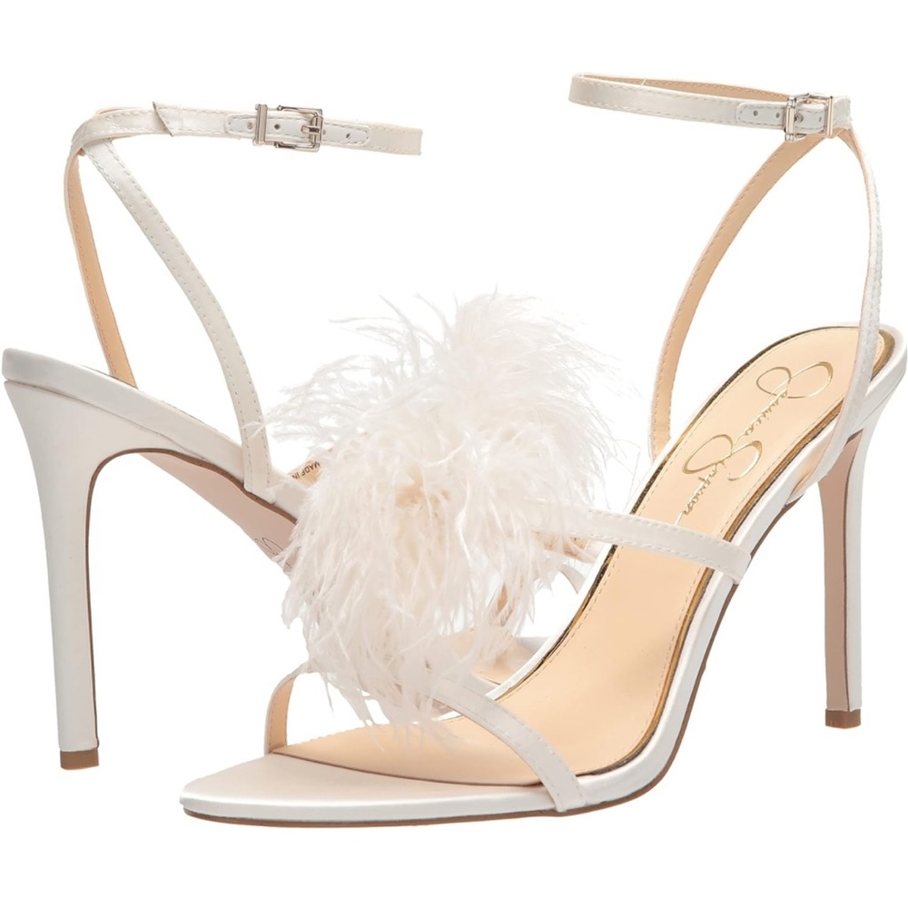 Jessica Simpson white fur heels sandals